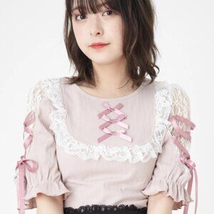Ank Rouge Pink Spindle Lace Up Detail Short Sleeve Knit Sweater Top